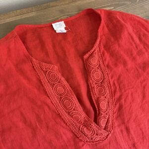 Sigrid Olsen Womens XL Red V-Neck 3/4 Sleeve Crochet Trim‎ 100% Linen Blouse